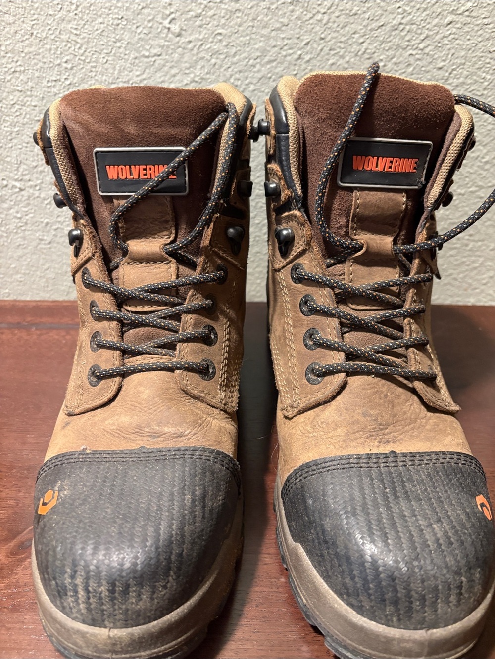 Wolverine Brown and Black Men's Work Boots with Orange Logo